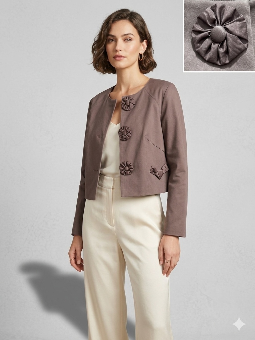 Yoana Baraschi Anthropologie Cocalico Cropped Jacket Rosette Bow Taupe Cocoa 8